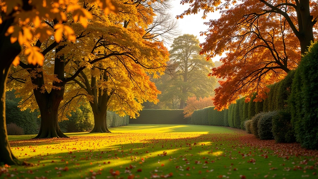 Autumn foliage in heritage parkland with golden trees