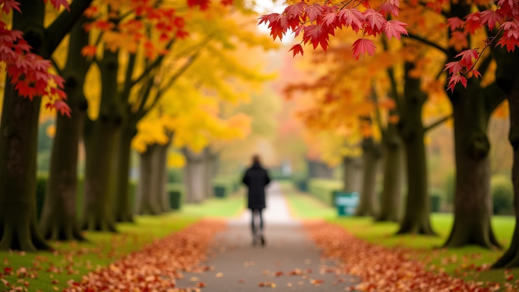 Park scene showing autumn foliage with golden and red leaves on trees, person walking peacefully on path