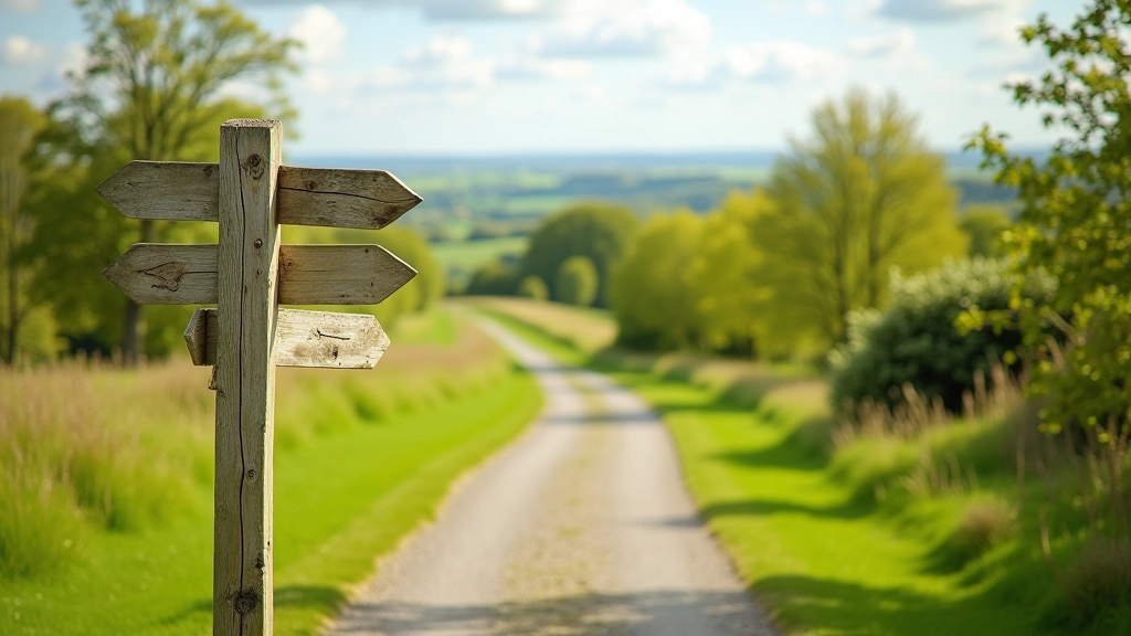 Walking trail marker signs on a tree with scenic countryside landscape in background