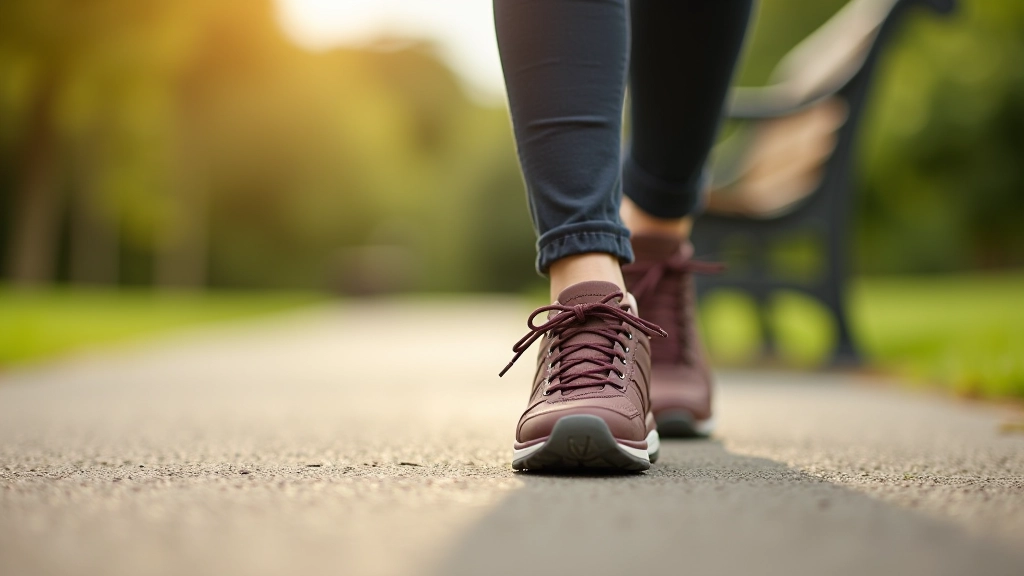 Close-up of comfortable walking shoes on a park path with benches and trees visible in soft focus background