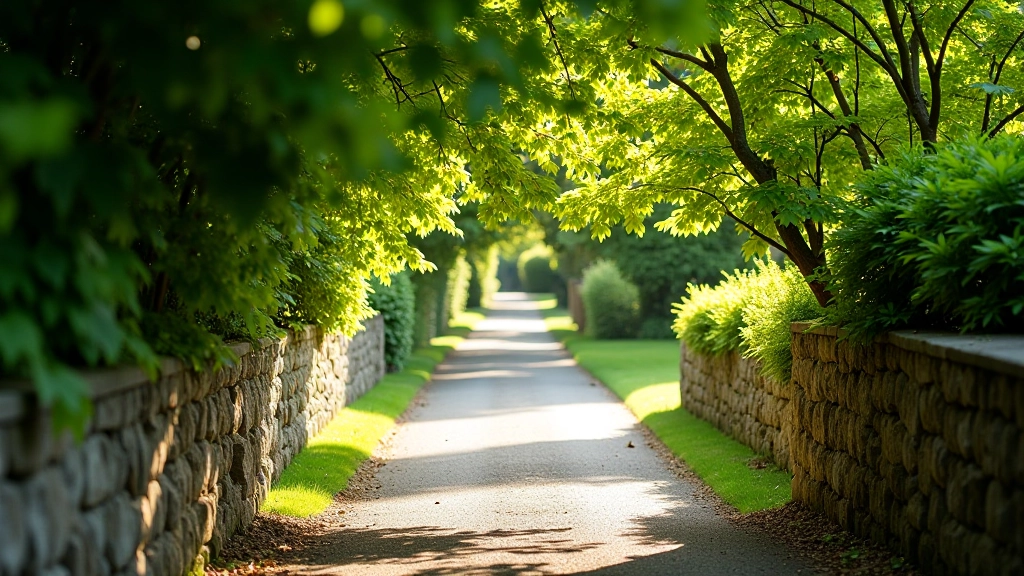 Walking path through castle gardens with arched tree canopy overhead, stone walls visible in distance, dappled sunlight on paved pathway