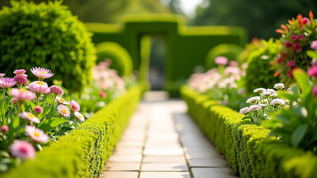 Close-up of flowering garden borders with stone pathways and manicured hedges at Kilkenny Castle, showing the Victorian garden design details and colorful plantings
