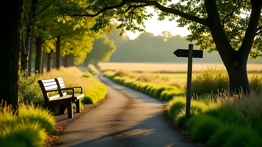 Walking trail intersection with directional signage, benches for rest, open meadow and river views