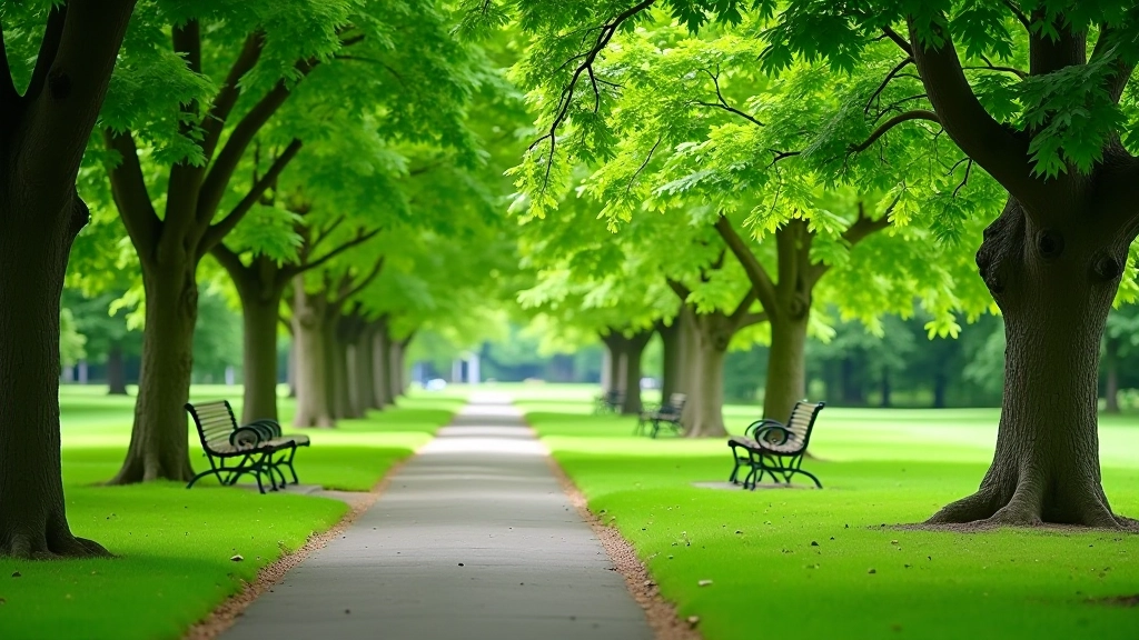 Shaded park pathways with benches and peaceful green landscape