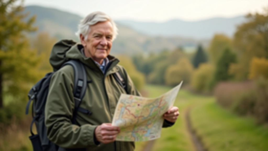 Hiker holding topographic map in countryside setting, map folded to show trail route with compass visible on the paper