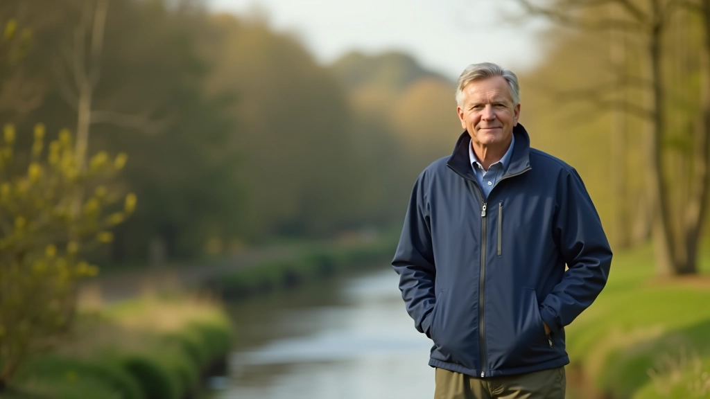 Person starting a riverside walking trail, wearing practical outdoor clothing, calm water and vegetation visible in background