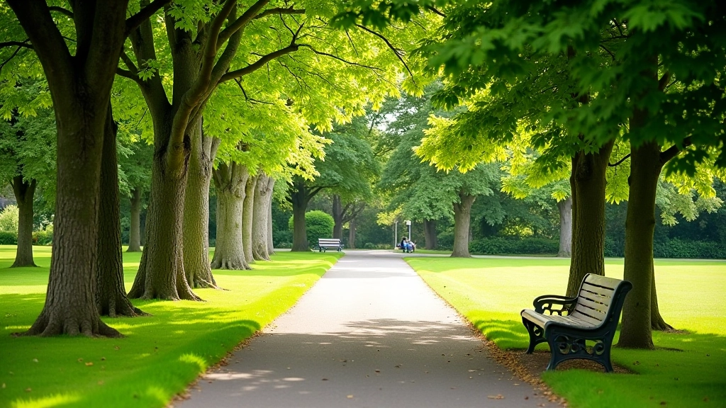 Shaded park pathways with benches, ancient trees, and peaceful natural landscape