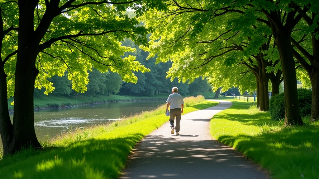 Scenic riverside pathway with river views, green banks, and mature trees creating natural shade