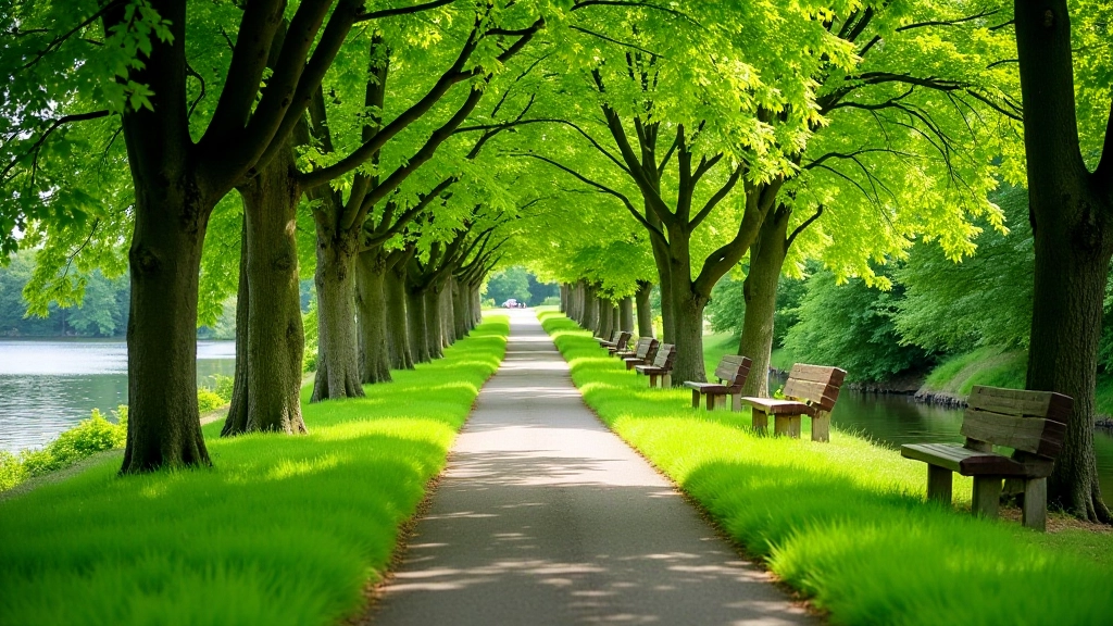 Scenic riverside pathway with mature trees and walking benches at Nore waterfront