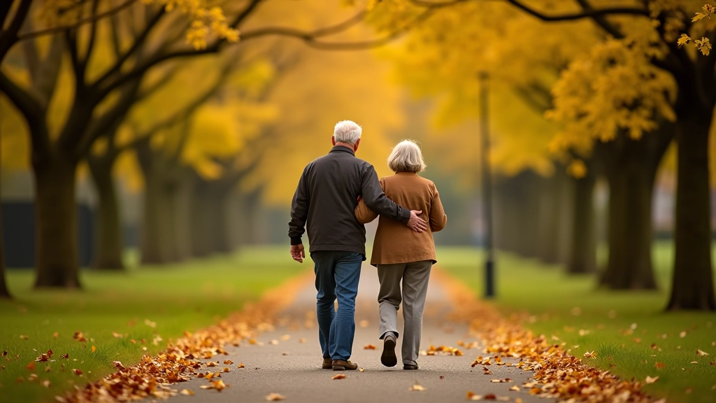 Seniors enjoying a leisurely walk through a scenic park setting