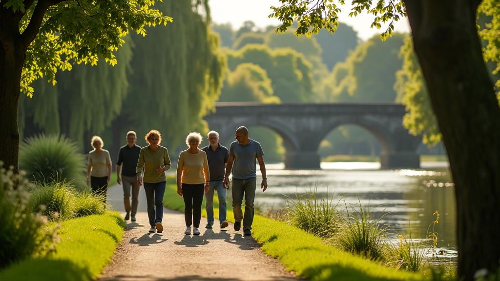 Group of walkers enjoying riverside path in Kilkenny