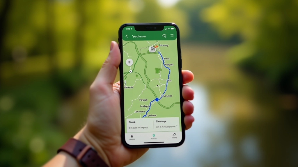 Mobile phone GPS application screen showing trail route with blue tracking line through green landscape area