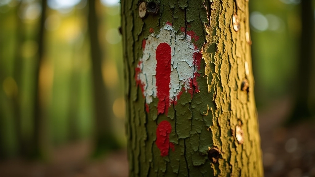 Close-up of red and white trail marker blazes painted on tree bark with woodland background